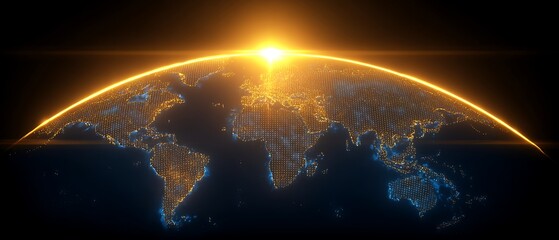solar arc glowing across world map, warm golden light blend with cool blue neon, fintech global concept, holographic shine