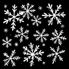 A pattern of white doodle snowflakes on a solid black background. This high-contrast winter design has a whimsical, festive look perfect for holiday and seasonal projects.