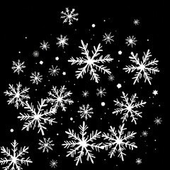 A pattern of white doodle snowflakes on a solid black background. This high-contrast winter design has a whimsical, festive look perfect for holiday and seasonal projects.