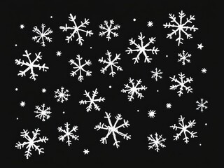 A pattern of white doodle snowflakes on a solid black background. This high-contrast winter design has a whimsical, festive look perfect for holiday and seasonal projects.