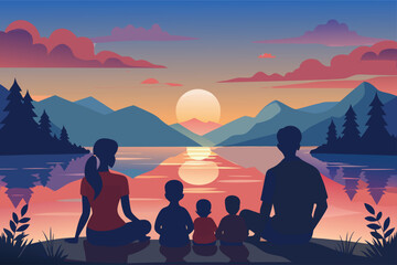 Family enjoying a tranquil sunset by the lake, creating cherished memories together in nature's beauty, perfect for heartwarming family moments