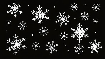 A pattern of white doodle snowflakes on a solid black background. This high-contrast winter design has a whimsical, festive look perfect for holiday and seasonal projects.