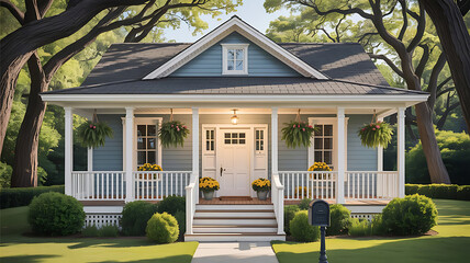 Light blue suburban house with white porch and lush green trees home residential