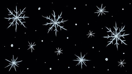 A pattern of white doodle snowflakes on a solid black background. This high-contrast winter design has a whimsical, festive look perfect for holiday and seasonal projects.