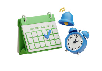 3d rendering of a green desk calendar with a blue checkmark on a date, next to a blue alarm clock and a ringing notification bell, symbolizing scheduling, reminder, and time management concept isolate