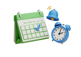 3d rendering of a green desk calendar with a blue checkmark on a date, next to a blue alarm clock and a ringing notification bell, symbolizing scheduling, reminder, and time management concept isolate