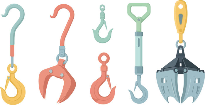 Set of Five Construction Lifting Hooks in Bright Colors on White Background