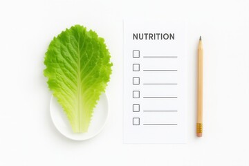Fresh green lettuce leaf with blank checklist card on clean white background top view studio scene for diet planning wellness routine meal tracking and healthy lifestyle content