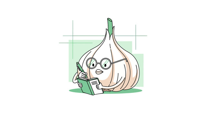 Intelligent Garlic Cartoon Character Writing Notes In A Book With Glasses Illustration
