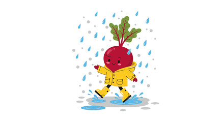 Fototapeta premium Joyful Beetroot Character Enjoying Rainy Day Weather With Yellow Raincoat and Boots