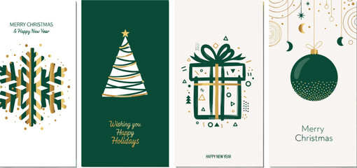 Festive Holiday Cards with a Modern Geometric Design Featuring Christmas Ornaments, Gift Boxes, and Snowflakes