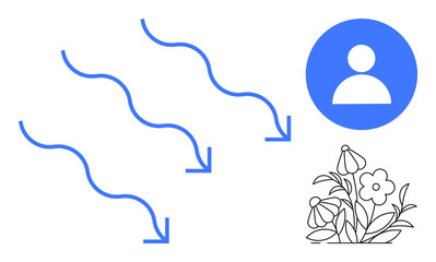Blue wavy arrows pointing down, circular user profile icon, and line art floral illustration. Ideal for nature, sustainability, direction, connection, flow minimalism clarity. Simple flat metaphor