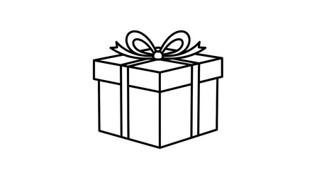 A simple black and white line art illustration of a square gift box topped with a ribbon and bow.