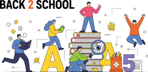 Colorful vector art depicting students eagerly engaging with educational items like books and alphabet, symbolizing the exciting return to school and the start of a new academic journey