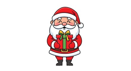 A cheerful cartoon illustration of Santa Claus holding a wrapped Christmas present.