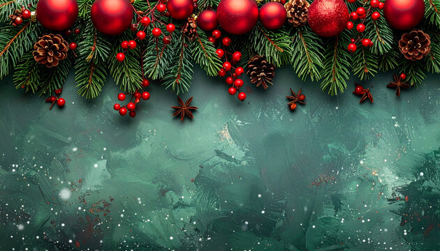 Festive winter holiday cheer with bright red ornaments, pine cones, and evergreen branches, a stylish seasonal frame for joyful Christmas celebrations