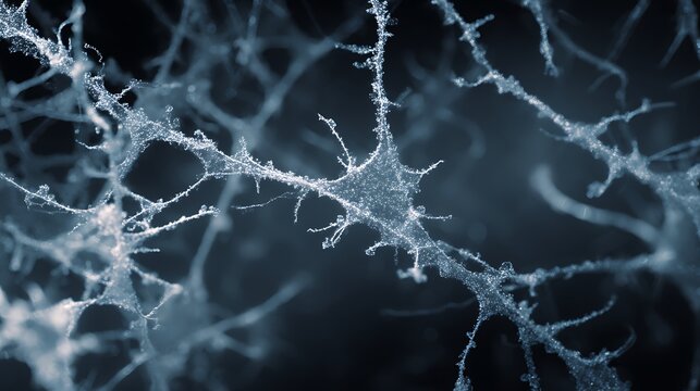The fungal hyphae form a spider web-like network on the clear snow crystals.