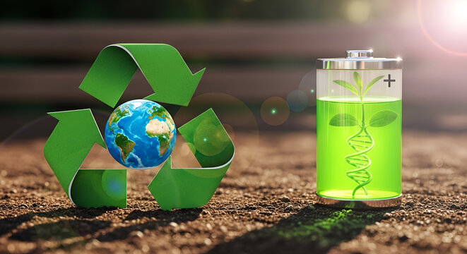A symbol of green recycling encompassing planet Earth alongside a battery with a growing plant, alluding to innovation in renewable energy and sustainable environmental conservation