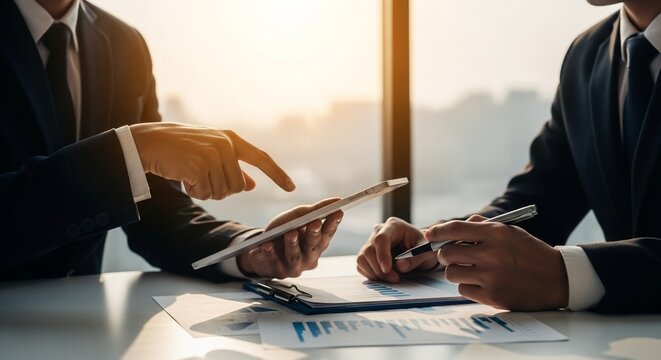 Business professionals analyzing data on a digital tablet and printed charts on a table, expressing corporate strategic planning and intelligent financial decision-making