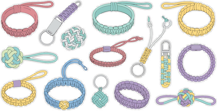 Colorful Paracord Keychains and Accessories on White Background