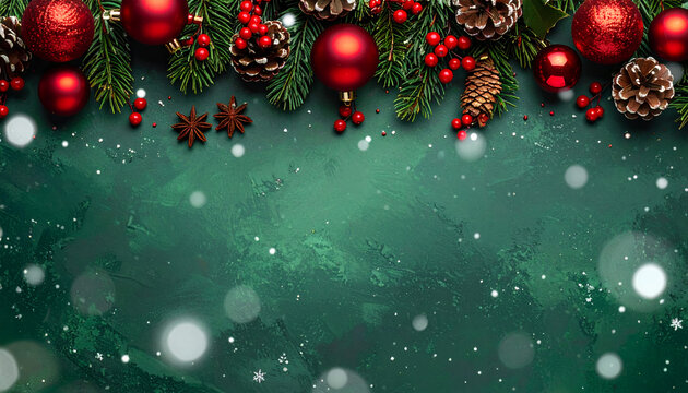 Festive Christmas ornament border on teal backdrop creates holiday magic, perfect for invitations, greetings, and seasonal promotions with snowy bokeh effects