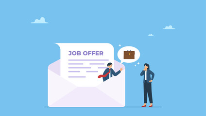 Businessman on email envelope offer new job to candidate. Job offer or new opportunity, career promotion or decision to change to new office, employment or recruitment, vacancy or hiring.