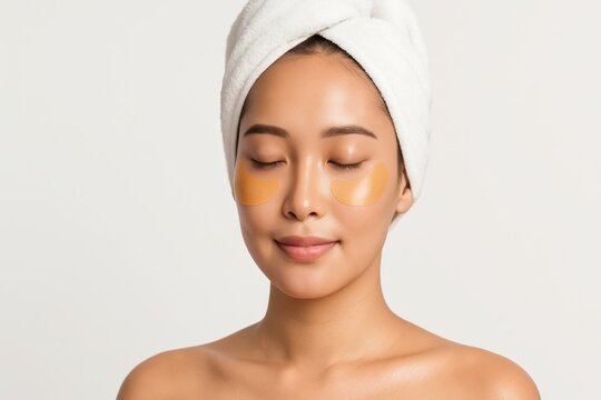 Beautiful young Asian woman in towel with under eye gel patches relaxing on clean white background spa skincare routine concept for beauty sleep self care and eye treatment products - Powered by Adobe