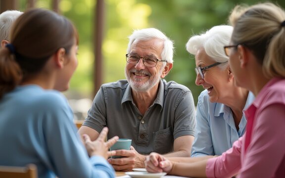 Contented senior - elderly individual enjoying social activity, highlighting benefits of active social participation for seniors, promoting mental, emotional health, creating a sense of belonging