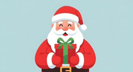 Obraz premium Cartoon illustration of Santa Claus smiling and holding a beautifully wrapped green Christmas gift.