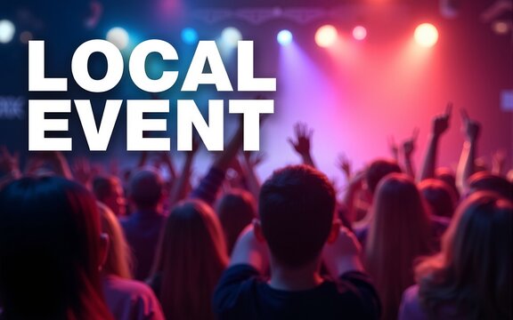 Local event advertisement banner featuring vibrant design, engaging text, blurred crowd creating an energetic atmosphere. High quality
