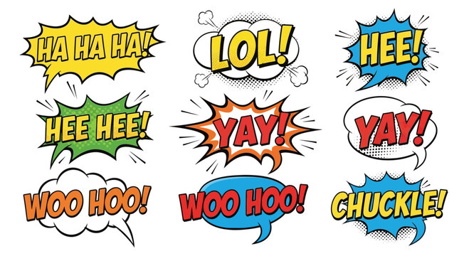 Comic speech bubbles set with expressions like ha ha ha lol hee yay woo hoo and chuckle