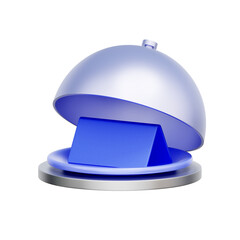 3D icon of a silver food cloche with a reserved sign For restaurant reservation, fine dining, food service, and vip table.