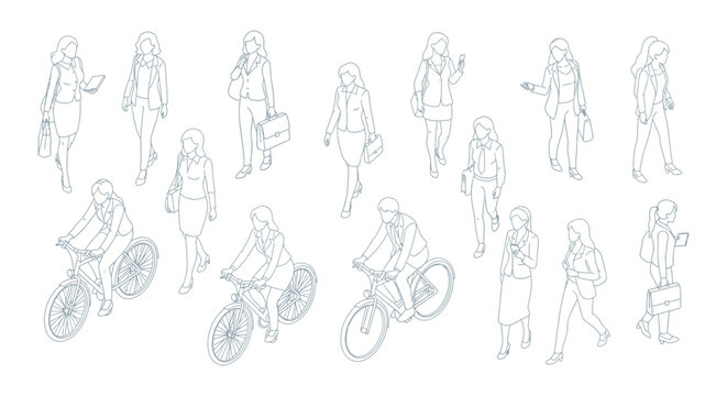 isometric line art business people men and women walking standing cycling in professional attire illustrating a modern urban workforce.