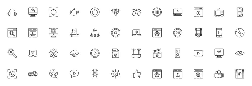 Online Streaming icon set. Thin line vector icons pak. Includes symbols for vieo player, play button, wii, download, web browser, onitor, camera and more.