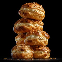 Stack of Cream Filled Choux Pastries with Almond Topping
