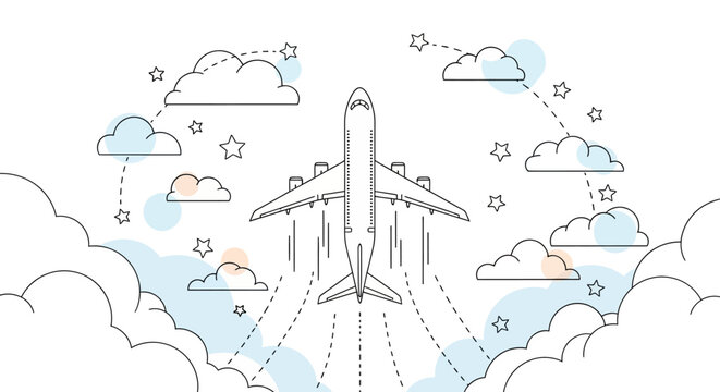 line art illustration of an airplane taking off and flying through the sky with stylized clouds and stars symbolizing a journey travel and aspirational future concepts.
