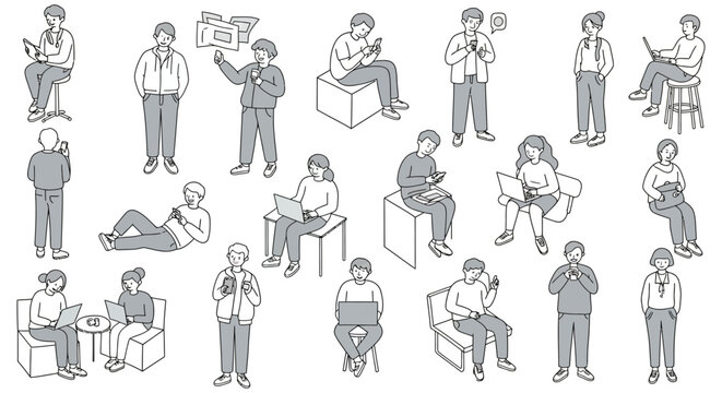 line art illustrations of diverse individuals using digital devices including smartphones laptops and tablets for modern connectivity and communication.