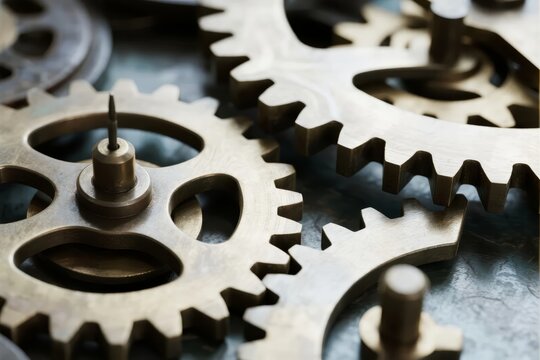 Close-up of interlocking metal gears in mechanical assembly