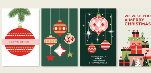 Fototapeta premium A vibrant collection of festive graphic icons representing the joy and spirit of the Christmas holiday season, featuring a gift, ornament, tree, and snowflake design