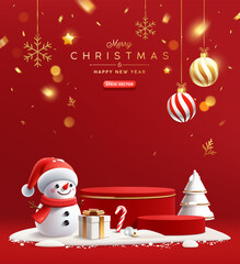 Merry Christmas and happy new year, red podium display and snowman poster design on red background
