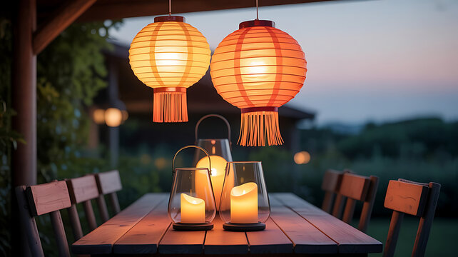 Warm glowing paper lanterns and candles on rustic wooden table at dusk lantern light