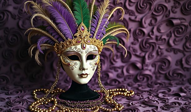Elegant venetian mask with feathers and gold beads on ornate purple background - Powered by Adobe