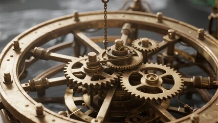 Close-up of intricate brass gears and mechanical components in a vintage clockwork device