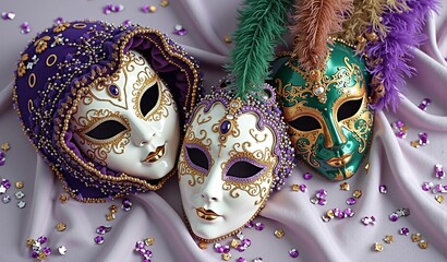 Intricate venetian masks with feathers and beads on elegant fabric surface
