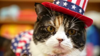 Adorable Calico Cat Wearing Patriotic American Flag Hat and Collar. - Powered by Adobe