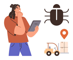 Woman holding a tablet in thoughtful expression, bug icon symbolizing error or debugging, forklift moving boxed inventory, and location pin. Ideal for logistics, error analysis, auditing, debugging