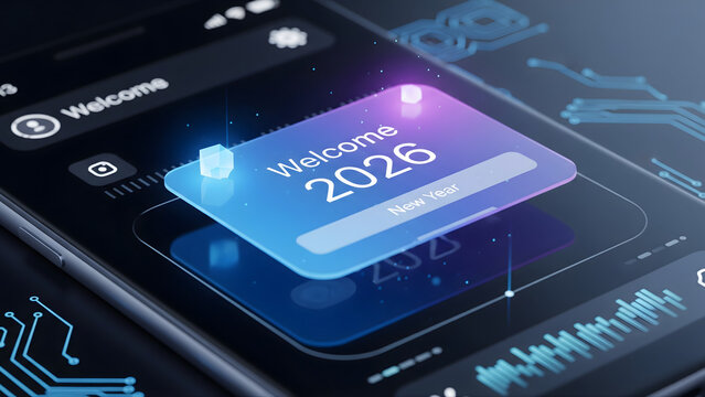 A smartphone displays a glowing “Welcome 2026” notification, creating a sleek, modern New Year tech moment. - Powered by Adobe