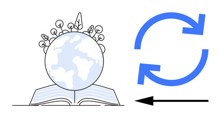 Sustainability concept. Sustainability with Earth on an open book and recycling arrows promoting eco-friendly practices. Sustainability education and environmental awareness icons. For eco campaigns
