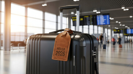 A travel suitcase with a 'HELLO 2026' tag stands in a softly blurred airport terminal, symbolizing fresh journeys and new beginnings.