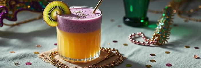 Colorful kiwi and berry smoothie with festive decorations and beads